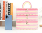 Three Layer Makeup Bag for Women Fashion Stripes Cosmetic Bag Preppy Style Travel Water-Resistant Toiletry Bag for Storage Toiletries Cosmetics Sets for Women Teen Girls Pink