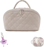Makeup Bag for Woman, 180° Lay Flat Wide Open Makeup Bags, Large Fold out Washable Cosmetic Case, Quilted Puffy Toiletry Bags for Toiletries (Khaki)