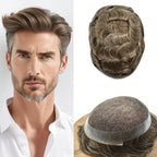 FACE MIRACLE Hair System for Men French Lace Mens Toupee Human Hair Replacement System Lace with PU Toupee for Men Male Hair Piece Wigs 6"X8" #740 7# VERY LIGHT BROWN WITH 40% SYNTHETIC GREY