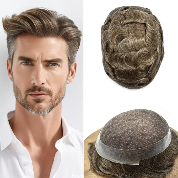 FACE MIRACLE French Lace Mens Toupee Human Hair System Lace Center Toupee for Men Thin Skin PU Around Hair Replacement System V-Looped Mens Hair Wig 6"X8" #740 7# VERY LIGHT BROWN WITH 40% GREY