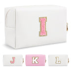 Personalized Makeup Bag Initial A-Z Preppy Patch Bag,Small PU Leather Travel Cosmetic Bag Pouch with Zipper,White Cute Toiletry Bag,Gift Ideal for Teen Girls Women Birthday Friend Mom,Letter I