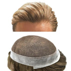 FACE MIRACLE Toupee for Men French Lace Hairpiece Human Hair Replacement System Skin PU Mens Toupee Hair Wigs for Man V-Looped Front Hair Prosthesis 7"X9" #18 Medium Blonde