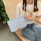 2 Pieces Makeup Bag Set, Small Blue Checkered Cosmetic Bag Travel Toiletry Organizer Mini Cosmetic Pouch Case Makeup Brushes Cute Quilted Aesthetic Accessories Storage Bag for Women