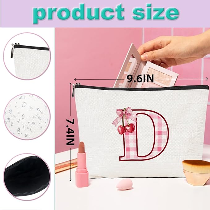 Initial Makeup Bag Monogram Cosmetic Bag Monogrammed Gifts for Women Girls Friends Coworker Bestie Personalized Travel Toiletry Bag Christmas Bridal Shower Wedding Bridesmaid Gifts, Cherry D