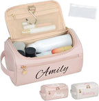 Personalized Makeup Bag for Women, Printed Initials Name Cosmetic Bag with Handle, Customized PU Leather Travel Toiletry Bag for Girls, Gifts for Bridesmaid, Daughter, Wife, Mothers Day