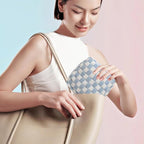 Small Blue Makeup Bag for Purse, Mini Checkered Cosmetic Bag Zipper Cute Make Up Pouch Travel Toiletry Case Quilted Aesthetic Accessories Makeup Storage Bag Organizer for Women Girls