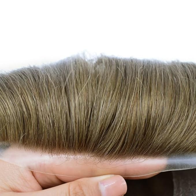 FACE MIRACLE Toupee for Men French Lace Hairpiece Human Hair Replacement System Skin PU Mens Toupee Hair Wigs for Man V-Looped Front Hair Prosthesis 6"X9" 7ASH Light Ash Brown