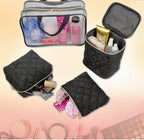 4-Piece Quilted Makeup Bag Gift Set, with Clear Cosmetic Travel Case, Water Resistant, Gold Zippers, Black