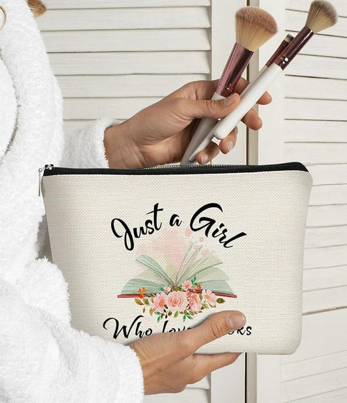Book Lovers Gifts Small Makeup Bag, Bookish Gifts for Book Lovers for Women Cosmetic Bag, Birthday Gift Ideas for Reader Just A Girl Who Loves Books