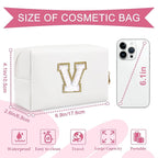Small Personalized Initial A-Z Preppy Patch Makeup Bag,White PU Chenille Letter Travel Cosmetic Pouch with Zipper,Cute Toiletry Bag,Gift Ideal for Teen Girls Women Teacher Bridesmaid,Letter V