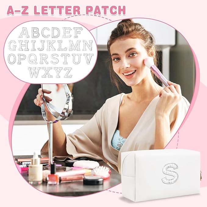Bride Gifts – Personalized Initial Makeup Bag with Pearl Rhinestone Patch, Preppy White Monogram Cosmetic/Toiletry Pouch, bridesmaid Gifts, Bridal Shower Gifts, Wedding Gifts, Bridal Gifts,S