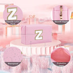 Small Personalized Letter Makeup Bag, Cute PU Leather Chenille Letters Cosmetic Bag Travel Makeup Pouch, Preppy Travel Organizer Zipper Pouch for Women&Girls（Pink-Z）