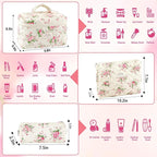 3Pcs Cotton Quilted Makeup Bag for Women Girls Large Small Travel Pink Floral Cosmetic Bags Set Cute Coquette Makeup Pouch for Purse Aesthetic Cloth Flower Storage Toiletry Bag Organizer