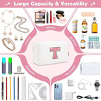 Small Initial Patch Makeup Bag Personalized Gifts Make Up Bag,White Cute PU Leather Glitter Letter Cosmetic Bag with Zipper,Trendy Portable Travel Toiletry Pouch,Preppy Stuff for Teen Girls Women T