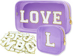 2PCS Personalized Makeup Bag Set, 2PCS Toiletry Bag & 26 Chenille Letters, Clear Makeup Pouch, Preppy Stuff Gifts for Teen Girls (Purple)