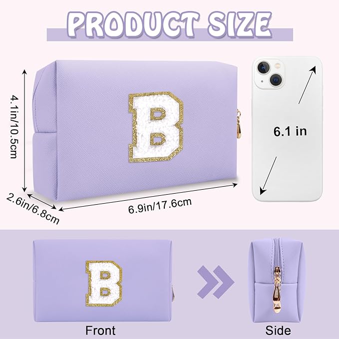 Small Initial Preppy Makeup Bag Organizer, Purple Cute Chenille Letter Make Up Cosmetic Zipper Pouch Toiletry Bags for Traveling,Waterproof PU Makeup Case Personalized Gifts for Bachelorette(Letter B)