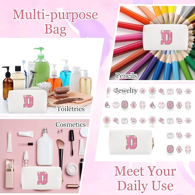 Small Personalized Glitter Initial Letter Makeup Bag, Cute PU Leather Chenille Letters Cosmetic Bag Travel Makeup Pouch, Preppy Travel Organizer Zipper Pouch for Women&Girls（WhiteRosePink-D）