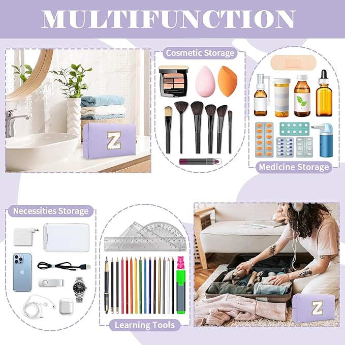 Personalized Makeup Bag Initial A-Z Preppy Patch Bag,Small PU Leather Travel Cosmetic Bag Pouch with Zipper,Purple Cute Toiletry Bag,Gift Ideal for Teen Girls Women Birthday Friend Mom,Latter Z
