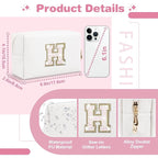 Small Initial Patch Makeup Bag Personalized Gifts Make Up Bag,White Cute PU Leather Glitter Letter Cosmetic Bag with Zipper,Trendy Portable Travel Toiletry Pouch,Preppy Stuff for Teen Girls Women H