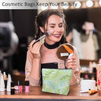 Palm Leaves Makeup Organizer Bag Cosmetic Bag For Men Women, Tropical Beach Palm Leaf Floral Travel Toiletry Bag Flax Makeup Bags Purse Business Makeup Pouch For Toiletries Cosmetics Green