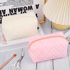SOIDRAM 2 Pieces Makeup Bag Checkered Cosmetic Bag Plush Pink White Makeup Pouch Travel Toiletry Bag Organizer Cute Makeup Brushes Storage Bag for Women
