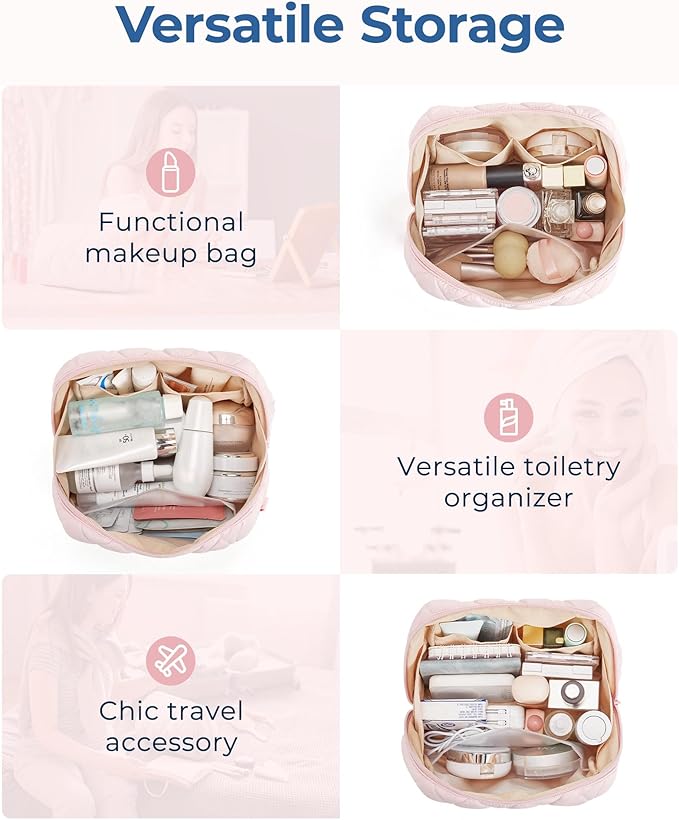 BAGSMART Makeup Bag, Travel Cosmetic Bag, Puffy Padded Make Up Bag for Women, Makeup Organizer Case, Wide-open Pouch Purse, Travel Essentials, Toiletries Accessories Brushes, Pink