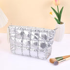 Puffer Quilted Makeup Bag Travel Cosmetic Bag Portable Puffy Checkered Toiletry Pouch Skincare Organizer Purse Pencil Case (Silver)