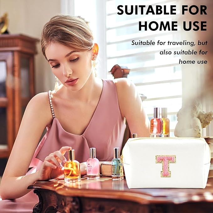 Initial Makeup Bag Personalized Preppy Travel Small Cosmetic Bag Cute PU White Chenille Letter Makeup Pouch for Purse Waterproof Zippered Toiletry Organizer for Women Girls Kids Friends (T)