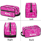 Personalized Travel Cosmetic Bag Waterproof Makeup Bags, Custom Name Rosy Pink Organizer Case Toiletries Container Bag