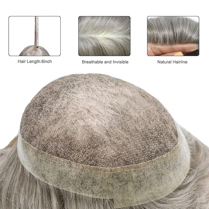 Toupee for Men French Lace Center Human Hair Replacement Systems Transparent Lace Center Hair Piece Mens Toupee Hair Units for Man V-Looped Front Male Hair Prosthesis 6"X9" #60RY