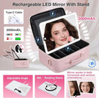 Large Makeup Bag with LED Mirror,Travel Cosmetic Train Case for Makeup Artists,Makeup Organizer Case with Divider Rechargeable Vanity Mirror with 3 Color Lights for Barber,MUA,Nail Tech, Pink