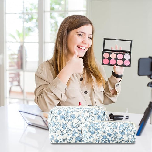 2Pcs Floral Makeup Bag for Women Cotton Quilted Small Coquette Cosmetic Bag Cute Zipper Blue Flower Makeup Pouch Aesthetic Portable Pencil Case Travel Toiletry Bag Trendy Cloth Skincare Bag