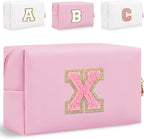 Small Personalized Glitter Initial Letter Makeup Bag, Cute PU Leather Chenille Letters Cosmetic Bag Travel Makeup Pouch, Preppy Travel Organizer Zipper Pouch for Women&Girls（PinkPink-X）