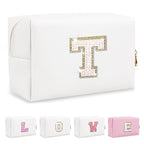Small Initial Patch Makeup Bag Personalized Gifts Make Up Bag,White Cute PU Leather Glitter Letter Cosmetic Bag with Zipper,Trendy Portable Travel Toiletry Pouch,Preppy Stuff for Teen Girls Women T