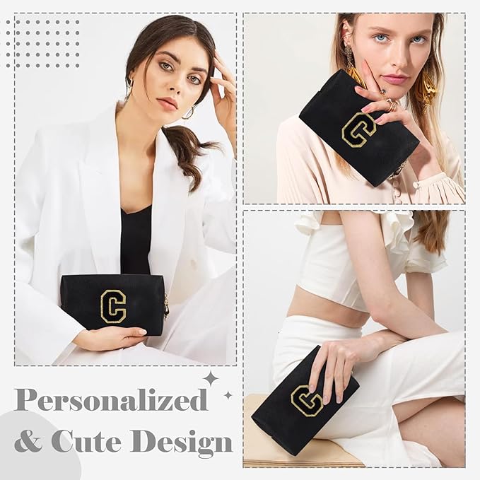 Personalized Initial A-Z Preppy Patch Makeup Bag,Small PU Chenille Letter Cosmetic Bag with Zipper for Teen Girls,Black Cute Toiletry Organizer Bag,Monogram Makeup Case Gift for Women Girls,Letter C