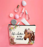 Western Horse Boots Flower Life is Better in the Saddle Funny Farmhouse Cosmetic Bag Makeup Bag Best Gift Idea for Horse Lovers Girls Women,Horse Owners Gifts,Birthday Christmas 's Day Gift