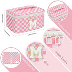 OCHEAL Makeup Bag for Women, Monogram Cosmetic Bag with Brush Holder, Pink Travel Makeup Case Beauty Toiletry Bag Organizer Personalized Gifts for Girls Bridesmaid, Sister, Wife, Friends Initial M