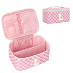 OCHEAL Makeup Bag for Women, Monogram Cosmetic Bag with Brush Holder, Pink Travel Makeup Case Beauty Toiletry Bag Organizer Personalized Gifts for Girls Bridesmaid, Sister, Wife, Friends Initial L