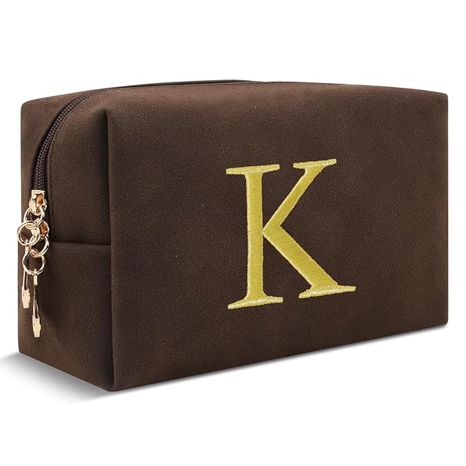 Personalized Initial Makeup Bag,Preppy Suede Cosmetic Bag for Teen Girls,Small Monogram Travel Toiletry Bag With Gold Embroidered Letter,Trendy Stuff Custom Christmas Gift for Women(Coffee-K)
