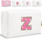 Small Personalized Glitter Initial Letter Makeup Bag, Cute PU Leather Chenille Letters Cosmetic Bag Travel Makeup Pouch, Preppy Travel Organizer Zipper Pouch for Women&Girls（WhiteRosePink-Z）