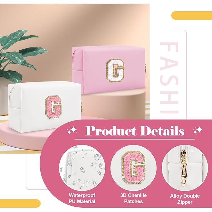 Personalized Makeup Bag Initial A-Z Preppy Patch Bag,Small PU Leather Travel Cosmetic Bag Pouch with Zipper,White Cute Toiletry Bag,Gift Ideal for Teen Girls Women Birthday Friend Mom,Letter G