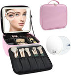 Travel Makeup Bag with LED Mirror and 10x magnifying glass with 3 Lighted Settings, Adjustable Dividers and Makeup Brush Storage Bag Light Pink