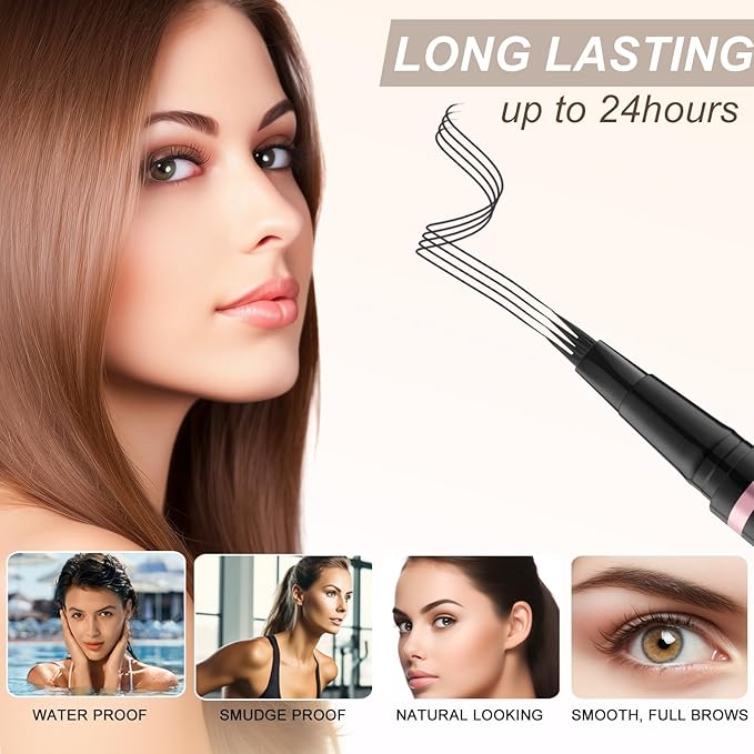 Eyebrow Pencil,2-in-1 Waterproof Eyebrow Pen with 4 Tip Brow Pen and Ultra-Precise Brow Pencil,with Dual-ended Eyebrow Brush,Eyebrow Makeup for Natural Looking Eyebrows-Black