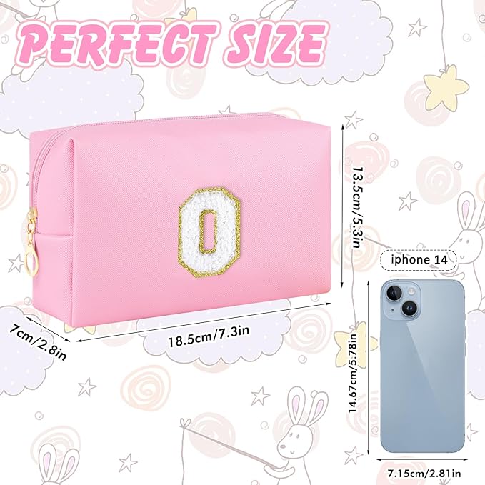 Initial Makeup Bag Personalized Preppy Travel Small Cosmetic Bag Cute PU Pink Chenille Letter Makeup Pouch for Purse Waterproof Zippered Toiletry Organizer for Women Girls Kids Friends (O)
