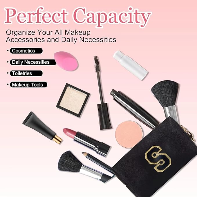 Small Personalized Letter Makeup Bag, Cute PU Leather Chenille Letters Cosmetic Bag Travel Makeup Pouch, Preppy Travel Organizer Zipper Pouch for Women&Girls（Black-S）