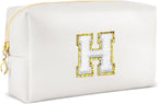 Gifts for Girls Initial Makeup Bag Personalized Cosmetic Bag with Zipper Cute Travel Toiletry Bags Waterproof PU Preppy Makeup Pouch Birthday Gift for Teen Girls Women(White H)