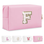 Small Personalized Initial A-Z Patch Makeup Bag,Pink Cute PU Leather Glitter Letter Cosmetic Bag for Teen Girls,Travel Toiletry Bag with Zipper,Preppy Monogrammed Birthday Gift for Daughter Niece F