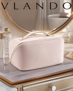 Vlando Makeup Bag,Large Capacity Toiletry Bag for Women Waterproof Portable Make up Pouch PU Leather Open Flat Cosmetic Bag(Light Pink)