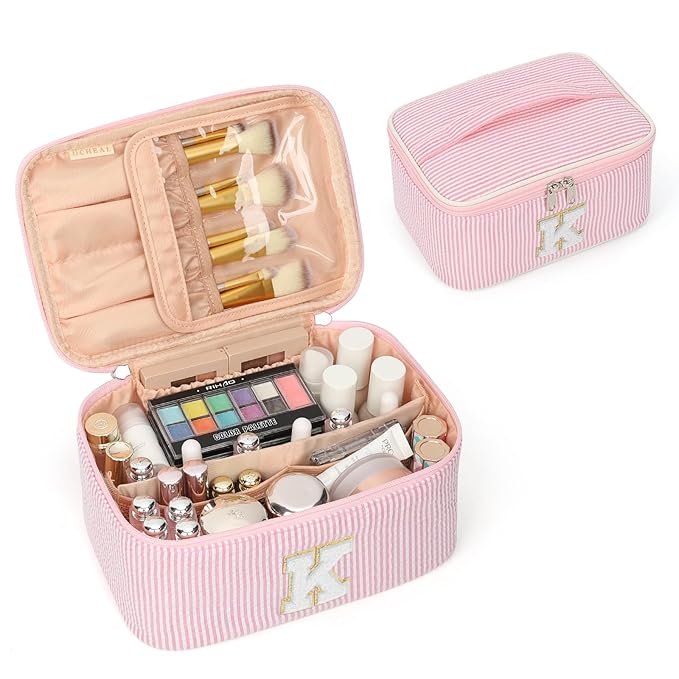 OCHEAL Makeup Bag for Women, Monogram Cosmetic Bag with Brush Holder, Pink Travel Makeup Case Beauty Toiletry Bag Organizer Personalized Gifts for Girls Bridesmaid, Sister, Wife, Friends Initial K