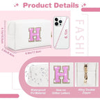 Small Initial Patch Makeup Bag Personalized Gifts Make Up Bag,White Cute PU Leather Glitter Letter Cosmetic Bag with Zipper,Trendy Portable Travel Toiletry Pouch,Preppy Stuff for Teen Girls Women H